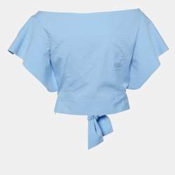Pre Owned Milly Blue Cotton Off-Shoulder Tie-Up Waist Detail Top S