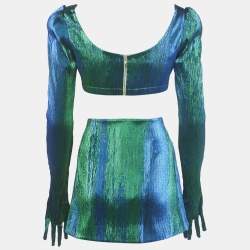 Pre Owned Miss Sohee Peacock Green Lurex Vanguard Ariana Crop Top and Skirt Set M