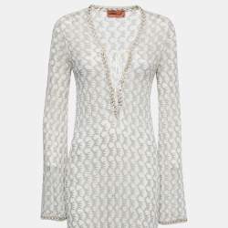 Pre Owned Missoni Mare White Lurex Knit Front Tie Long Sleeve Slit Maxi Dress M