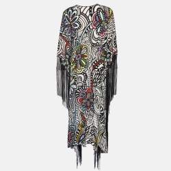 Pre Owned Missoni Mare Multicolor printed Silk & Crochet Fringe Detail kaftan Maxi Dress M