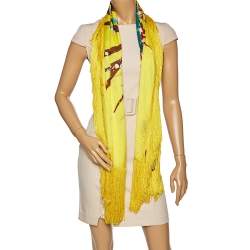Pre Owned Missoni Yellow Printed Silk Tassel Detail Scarf