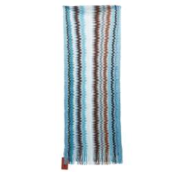 Pre Owned Missoni Blue Zig Zag Knit Fringed Scarf