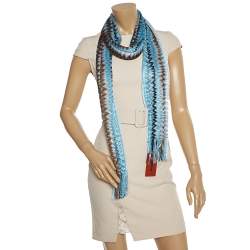 Pre Owned Missoni Blue Zig Zag Knit Fringed Scarf