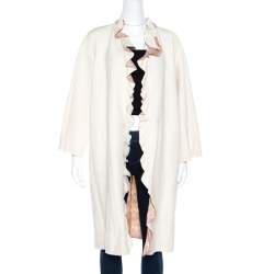 Missoni Off White Silk and Linen Blend Ruffle Detail Contrast Lined Long Coat M