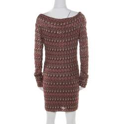 Pre Owned Missoni Burgundy Flame Patterned Knit Off Shoulder Knit Dress M