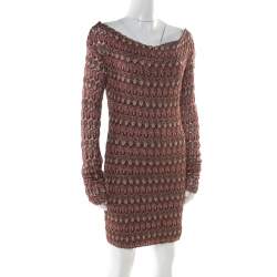 Pre Owned Missoni Burgundy Flame Patterned Knit Off Shoulder Knit Dress M