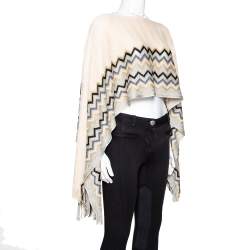 Pre Owned Missoni Cream Lurex Chevron Wool Knit Poncho (One Size)