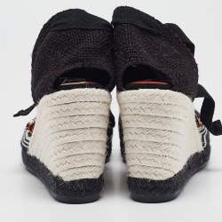 Pre Owned Missoni Black/White Fabric and Raffia Wedge Sandals Size 37