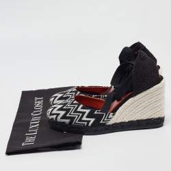 Pre Owned Missoni Black/White Fabric and Raffia Wedge Sandals Size 37