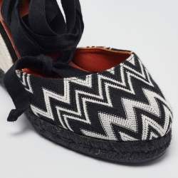 Pre Owned Missoni Black/White Fabric and Raffia Wedge Sandals Size 37