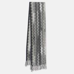 Missoni Grey Zig Zag Pattern Wool Knit Fringed Stole 