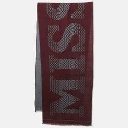 Pre Owned Missoni Burgundy Logo Patterned Wool Fringed Scarf
