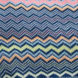 Pre Owned Missoni Blue Zig Zag Cotton Knit Fringed Scarf