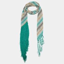 Missoni Green Check Pattern Knit Fringed Stole