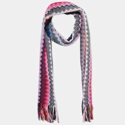 Pre Owned Missoni Multicolor Zig Zag Knit Cotton Knit Fringed Scarf