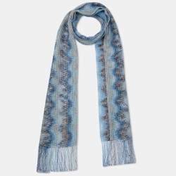 Pre Owned Missoni Vintage Blue Patterned Knit Fringed Scarf