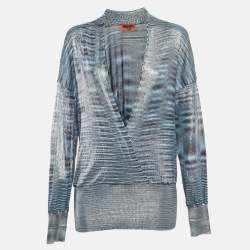 Pre Owned Missoni Metallic/Blue Lurex Knit Drape Neck Top L