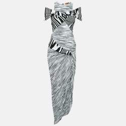 Pre Owned Missoni Black Stripe Stretch Knit Draped Off-shoulder Midi Dress M