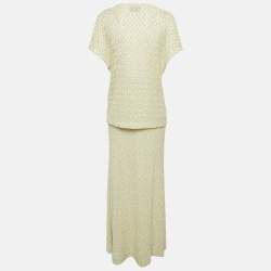 Pre Owned Missoni Green/Beige Lurex Knit Top and Skirt Set M