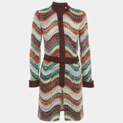 Missoni Multicolor Zig Zag Wool Knit Belted Coat S