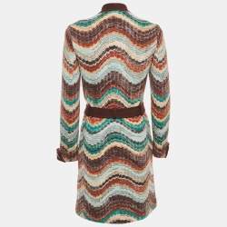Missoni Multicolor Zig Zag Wool Knit Belted Coat S