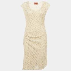 Pre Owned Missoni Beige Patterned Lurex Knit Ruche Midi Dress M