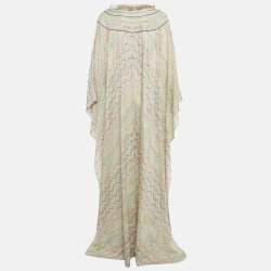 Pre Owned Missoni Beige Patterned Lurex Knit Fringed Neckline Kaftan L