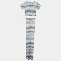 Pre Owned Missoni Blue Zig Zag Lurex Crochet Knit Pant & Crop Top Set XS