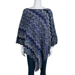 Pre Owned Missoni Navy Blue Chevron Pattern Chunky Knit Fringed Edge Poncho M