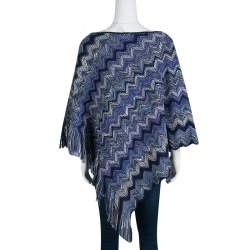 Pre Owned Missoni Navy Blue Chevron Pattern Chunky Knit Fringed Edge Poncho M