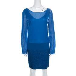 Pre Owned Missoni Blue Textured Lurex Knit Detail Shift Dress M