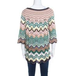 Pre Owned Missoni Multicolor Pattenred Perforated Knit Scalloped Hem Top M