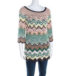 Pre Owned Missoni Multicolor Pattenred Perforated Knit Scalloped Hem Top M