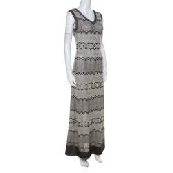 Pre Owned M Missoni Cream Black Gold Lurex Knit Striped Pattern Maxi Dress M
