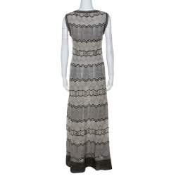 Pre Owned M Missoni Cream Black Gold Lurex Knit Striped Pattern Maxi Dress M