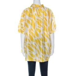 Pre Owned Missoni Yellow & White Printed Silk Collared Short Sleeve Oversized Blouse S