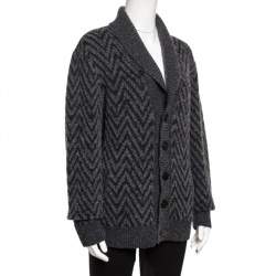 Pre Owned Missoni Grey Chevron Knit Wool Shawl Collar Cardigan L