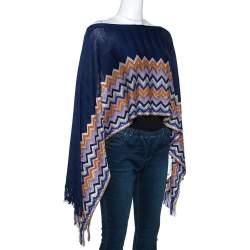 Pre Owned Missoni Navy Blue Chevron Lurex Knit Fringed Poncho One Size