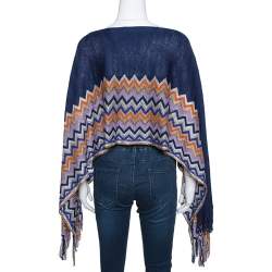 Pre Owned Missoni Navy Blue Chevron Lurex Knit Fringed Poncho One Size