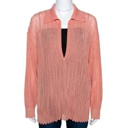 Pre Owned Missoni Coral Lurex Knit Plunge V Neck Top M