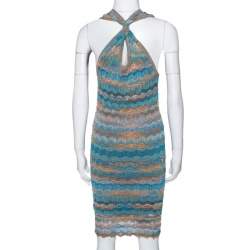 Missoni Teal & Sandy Beige Knit Twisted Back Detail Mini Dress S 