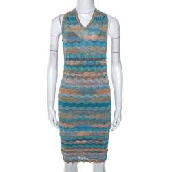 Missoni Teal & Sandy Beige Knit Twisted Back Detail Mini Dress S 