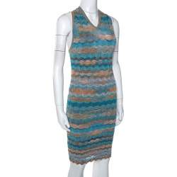 Missoni Teal & Sandy Beige Knit Twisted Back Detail Mini Dress S 