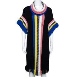 Pre Owned Missoni Black Paneled Wool Blend Fringed Turtle Neck Dress S