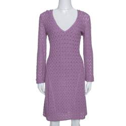 Pre Owned Missoni Purple Wool Blend Perforated Knit Long Sleeve Dress S