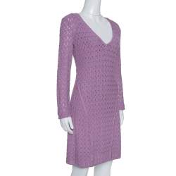 Pre Owned Missoni Purple Wool Blend Perforated Knit Long Sleeve Dress S