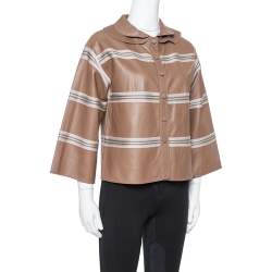 Pre Owned Missoni Brown Striped Leather Detachable Collar Detail Jacket M