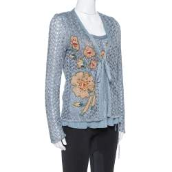 Pre Owned Missoni Grey Lurex Knit Crystal Embellished Top and Cardigan Set L