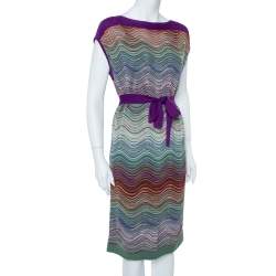 Pre Owned M Missoni Purple & Green Wool Blend Belted Dress M
