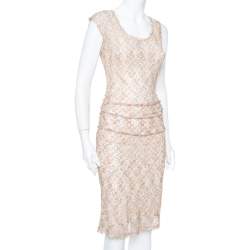 Pre Owned Missoni Beige Open Knit Ruched Midi Dress S